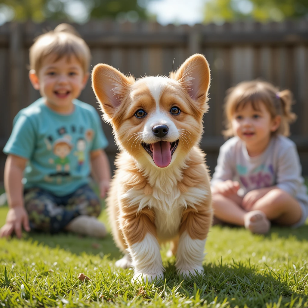 Friendly small Corgi Cockapoo mix playing with children in backyard