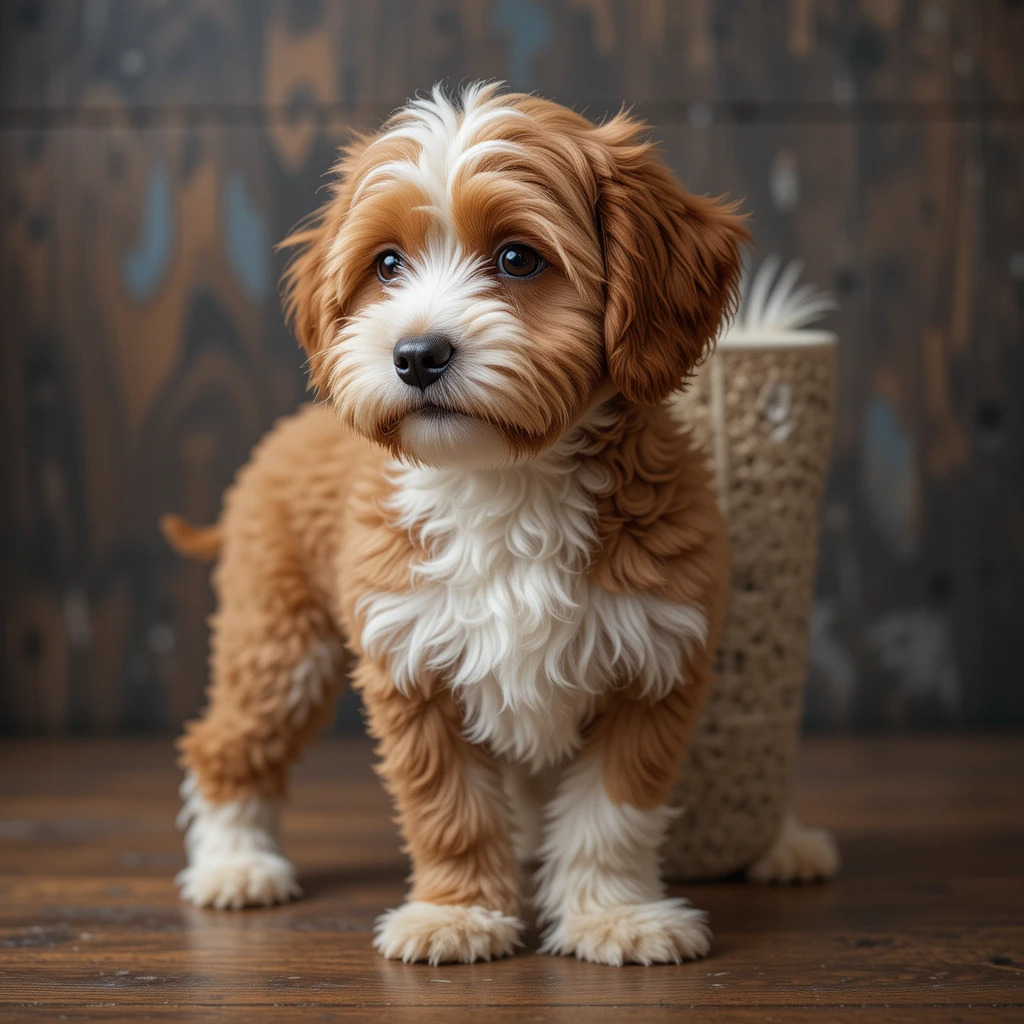 Corgi Cockapoo mixstanding alert, showing off red and white coat colors