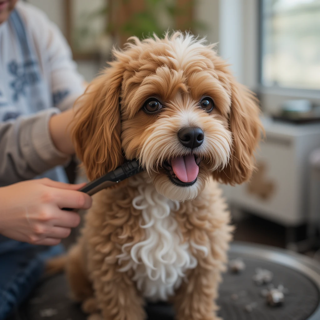 "Owner brushing the curly coat of a Corgi Cockapoo mix at home"