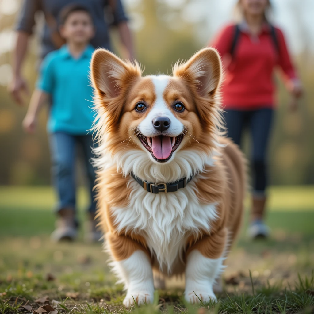 "Happy Corgi Cockapoo mix enjoying outdoor exercise with family